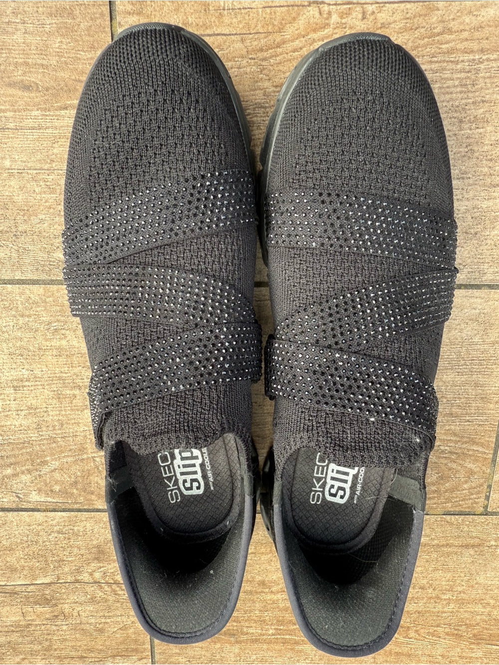 Skechers Slip-On Women’s Black Knit Sneakers with Rhinestone Straps